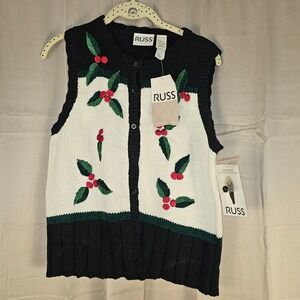 NWT Vintage Russ Womens Christmas Holly Sweater Vest Medium 8 10 NOS‎